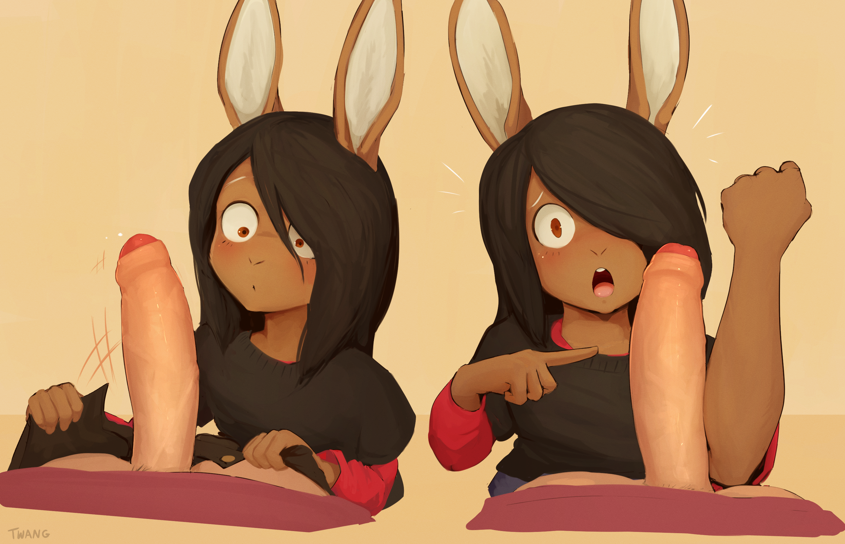 2_males anthro anthro/human black_clothing black_hair black_sweater black_topwear brown_body brown_ears brown_fur clothing duo erection feminine foreskin fur hair hi_res human humanoid_genitalia humanoid_penis janis_(twang) lagomorph leporid long_ears male male/male mammal masculine monotone_ears multiple_males pants penis pubes rabbit shirt surprised sweater topwear twang yellow_eyes