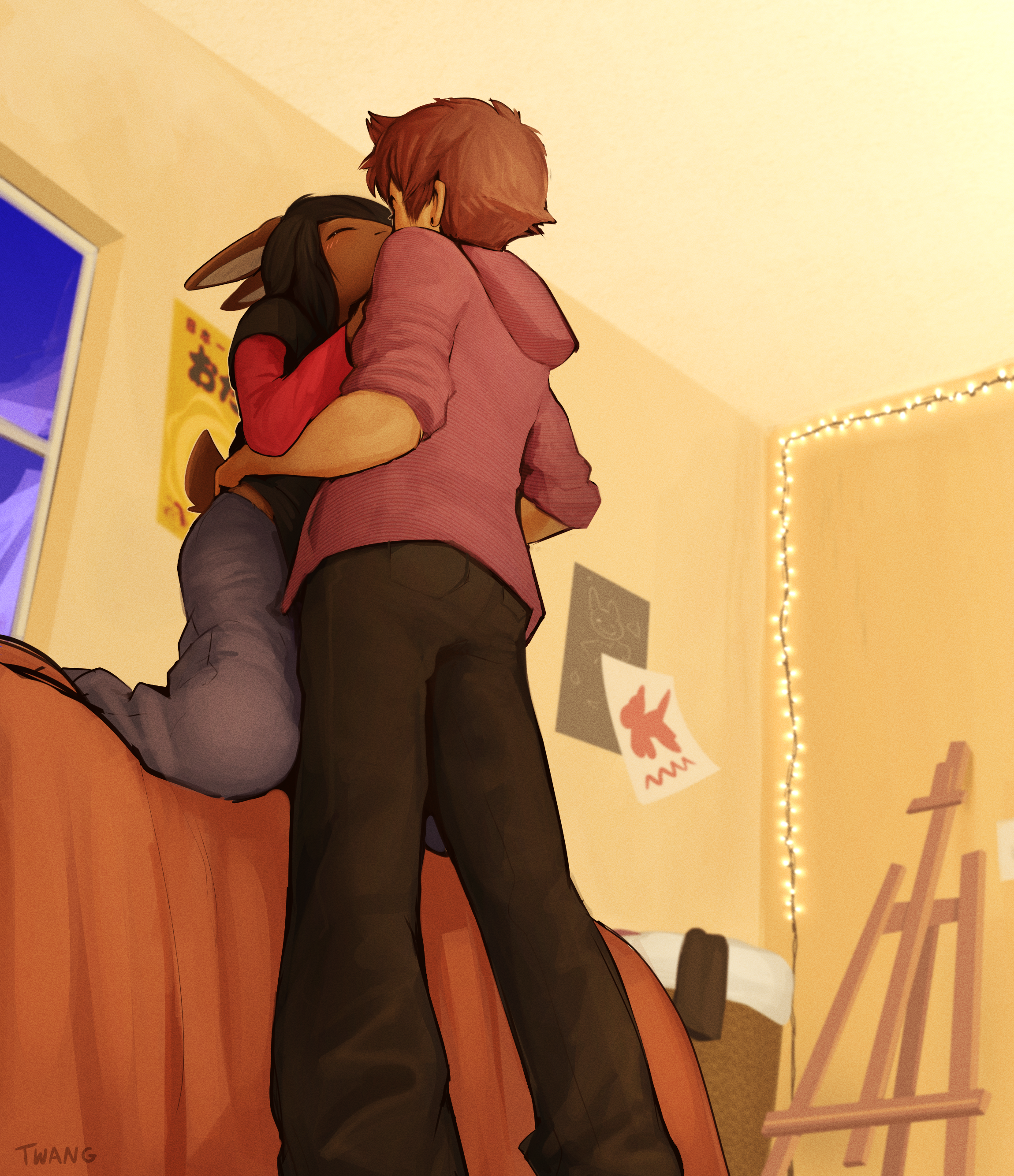 2_males absurd_res anthro anthro/human black_clothing black_hair black_sweater black_topwear brown_body brown_ears brown_fur clothing duo fur hair hi_res human janis_(twang) kissing lagomorph leporid long_ears male male/male mammal masculine monotone_ears multiple_males pants rabbit red_hoodie shirt sweater topwear twang yellow_eyes