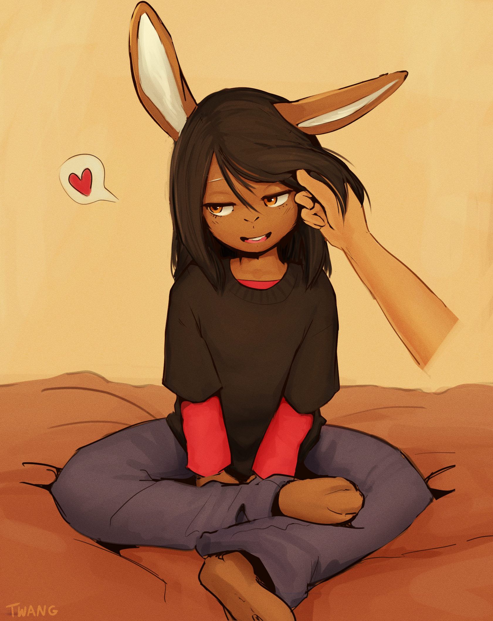 anthro black_clothing black_hair black_sweater black_topwear brown_body brown_ears brown_fur clothing duo fur hair hi_res janis_(twang) lagomorph leporid long_ears male mammal monotone_ears offscreen_character open_mouth pants rabbit shirt sweater topwear twang yellow_eyes