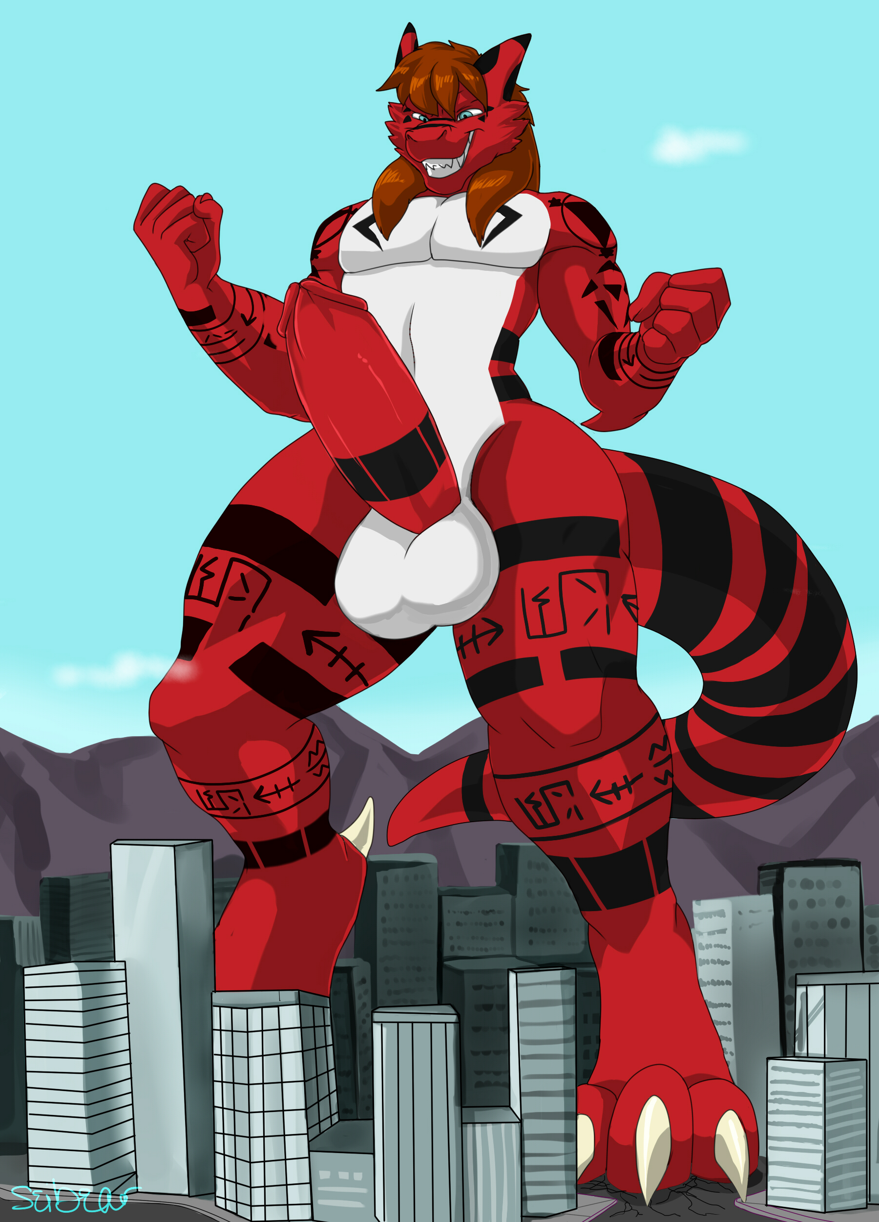 1_male 2018 absurd_res anthro balls bandai_namco black_body black_fur black_tail blue_eyes brown_hair claws digimon digimon_(species) erection fur grin growlmon hair hi_res humanoid_genitalia humanoid_penis hybrid macro male mammal masculine monotone_hair penis red_body red_fur red_penis red_tail scalie seibear solo tail toe_claws white_balls white_body white_fur