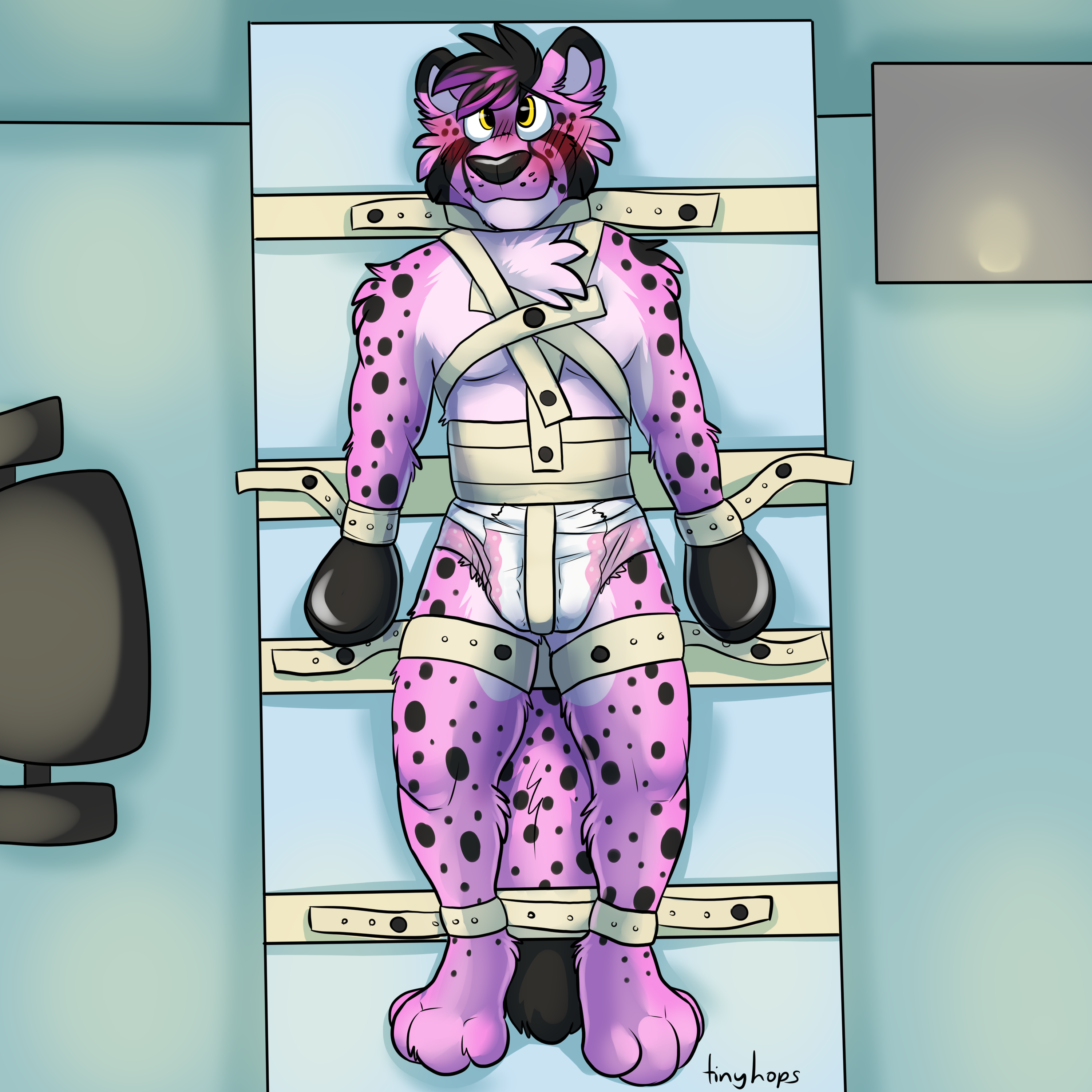 1_male 2019 absurd_res anthro black_body black_ears black_fur black_hair black_nose black_tail blush bottomwear cheetah clothed clothing diaper diaper_only dipstick_ears dipstick_tail felid fur hair hi_res male mammal markings masculine multicolored_body multicolored_ears multicolored_fur multicolored_hair multicolored_tail pink_body pink_ears pink_fur pink_hair pink_tail restrained solo spots spotted_body spotted_fur spotted_tail tail tail_markings tinyhops topless two_tone_body two_tone_ears two_tone_fur two_tone_hair two_tone_tail wearing_diaper yellow_eyes