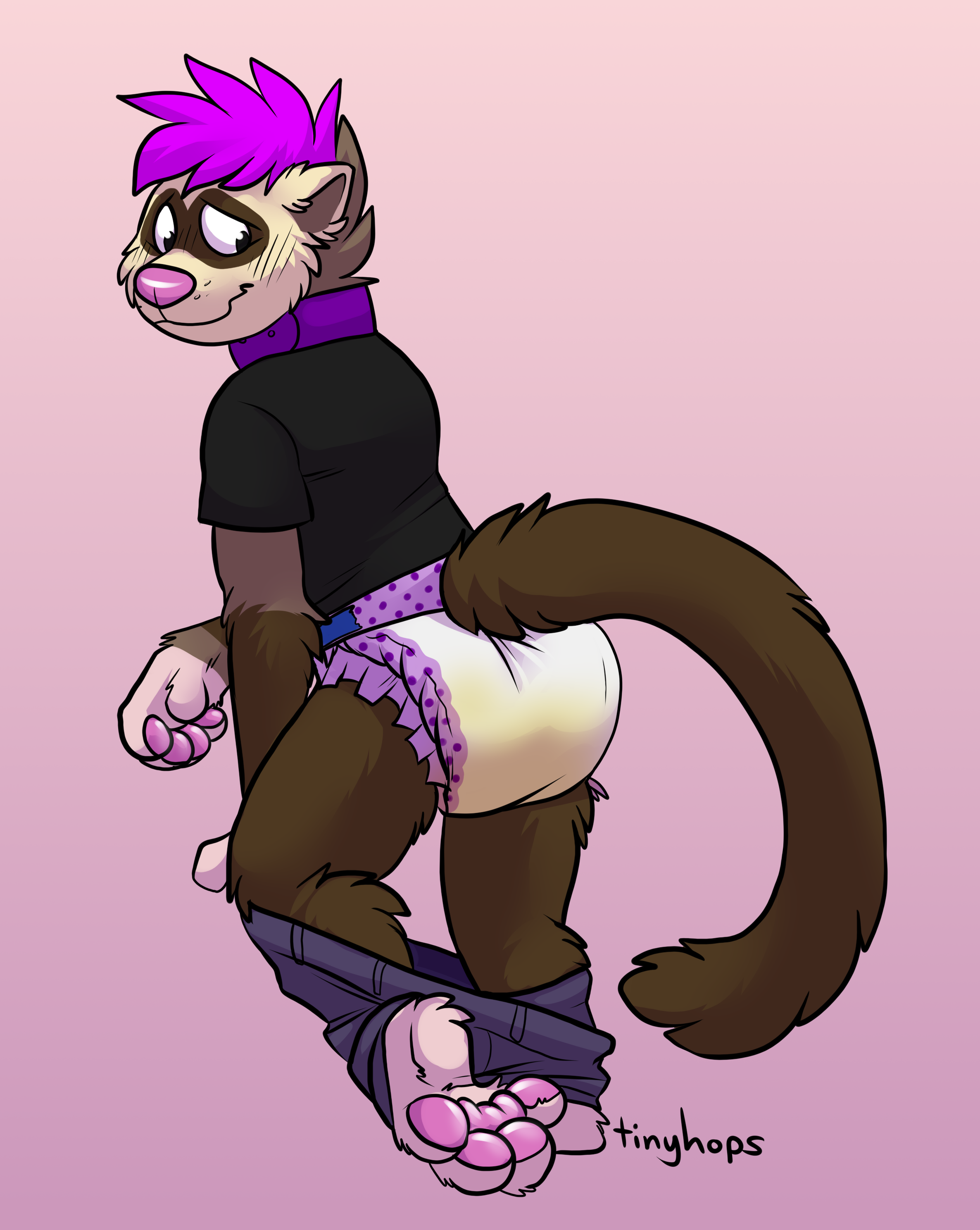 1_male 2019 absurd_res anthro black_clothing black_shirt black_t-shirt black_topwear bottomwear bottomwear_down brown_body brown_fur brown_tail clothing clothing_down diaper domestic_ferret fur furgonomics genital_fluids hair hi_res looking_back male mammal markings masculine mask_(marking) monotone_ears monotone_hair monotone_tail multicolored_body multicolored_fur mustelid pants pants_down pink_hair pink_nose purple_collar rear_view shirt solo t-shirt tail tinyhops topwear two_tone_body two_tone_fur unclean_diaper urine used_diaper wearing_diaper weasel wet_diaper white_body white_ears white_fur