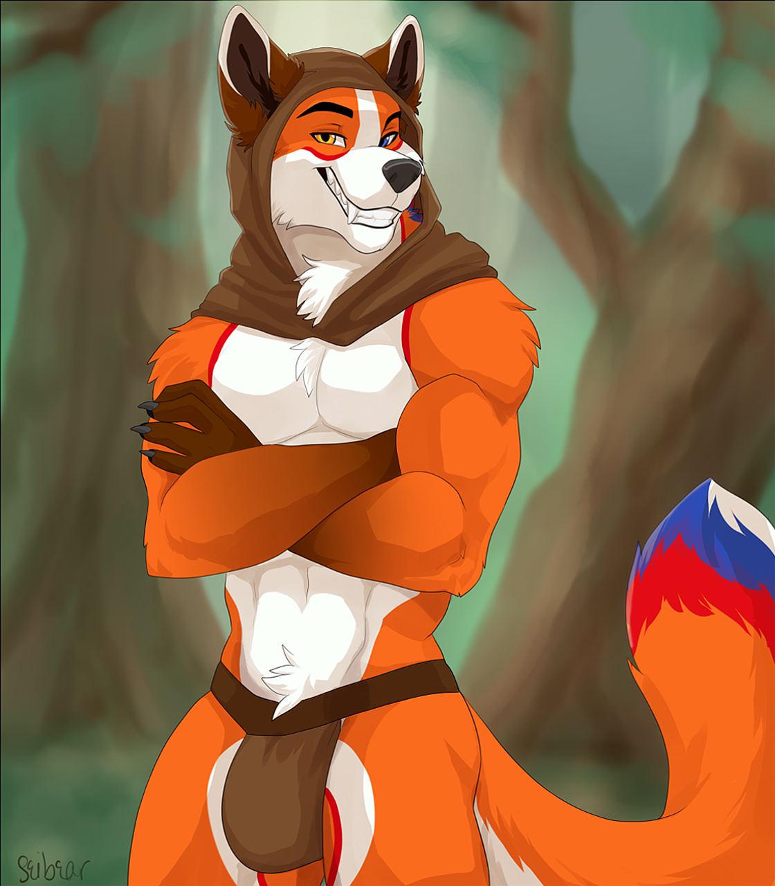 1_male 2018 anthro blue_eyes blue_tail bottomwear brown_ears canid clothing fox fur grin heterochromia hi_res loincloth looking_at_viewer male mammal masculine multicolored_body multicolored_ears multicolored_fur multicolored_tail orange_body orange_fur orange_tail red_body red_fur red_tail seibear solo tail two_tone_ears white_body white_ears white_fur white_tail yellow_eyes