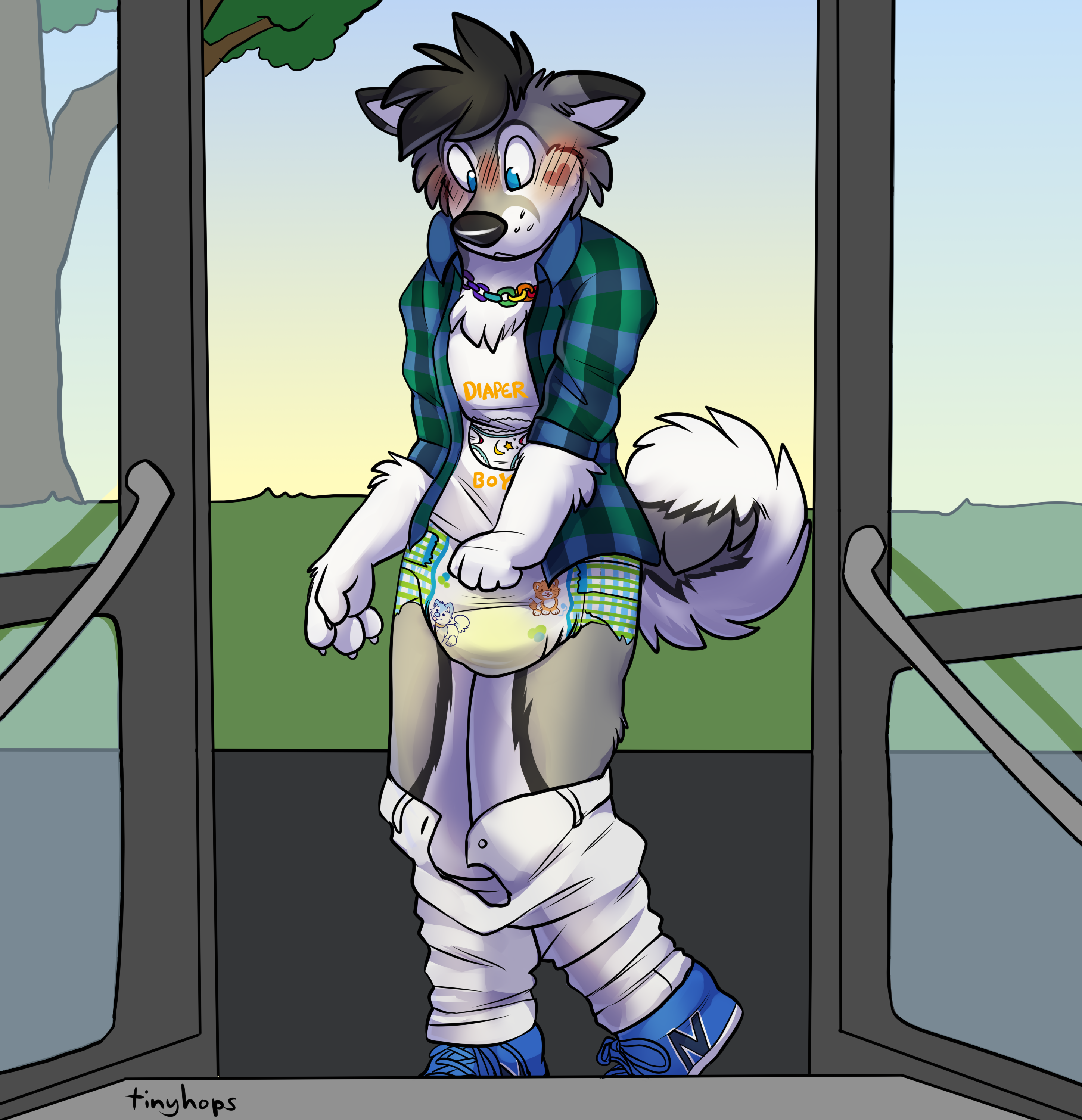1_male 2019 absurd_res abuniverse anthro black_body black_ears black_fur black_hair black_nose black_tail blue_eyes blush bottomwear bottomwear_down canid canis clothing clothing_down curled_tail diaper dipstick_ears domestic_dog embarrassed fur genital_fluids grey_body grey_ears grey_fur grey_tail hair hi_res husky littlepawz littlepawz_(diaper) male mammal masculine monotone_hair multicolored_body multicolored_ears multicolored_fur multicolored_tail pants pants_down public solo tail tinyhops two_tone_ears unclean_diaper urine used_diaper wearing_diaper wet_diaper white_tail