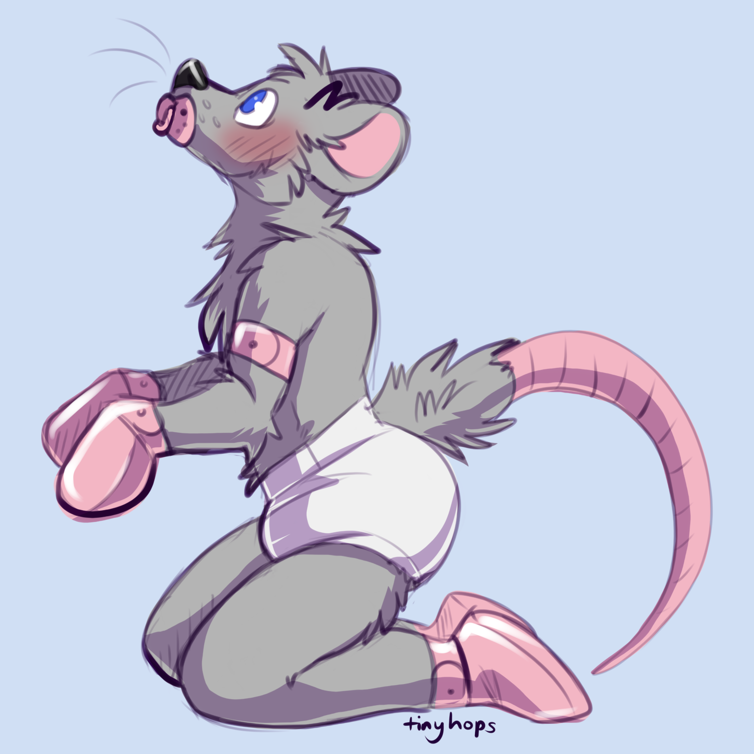 1_male 2019 anthro black_nose blue_eyes blush bondage bottomwear bound clothed clothing diaper diaper_only fur grey_body grey_ears grey_fur grey_hair grey_tail hair hi_res male mammal masculine monotone_ears monotone_fur monotone_hair mouse murid object_in_mouth pacifier pacifier_in_mouth rat_tail restrained rodent solo tail tinyhops topless wearing_diaper