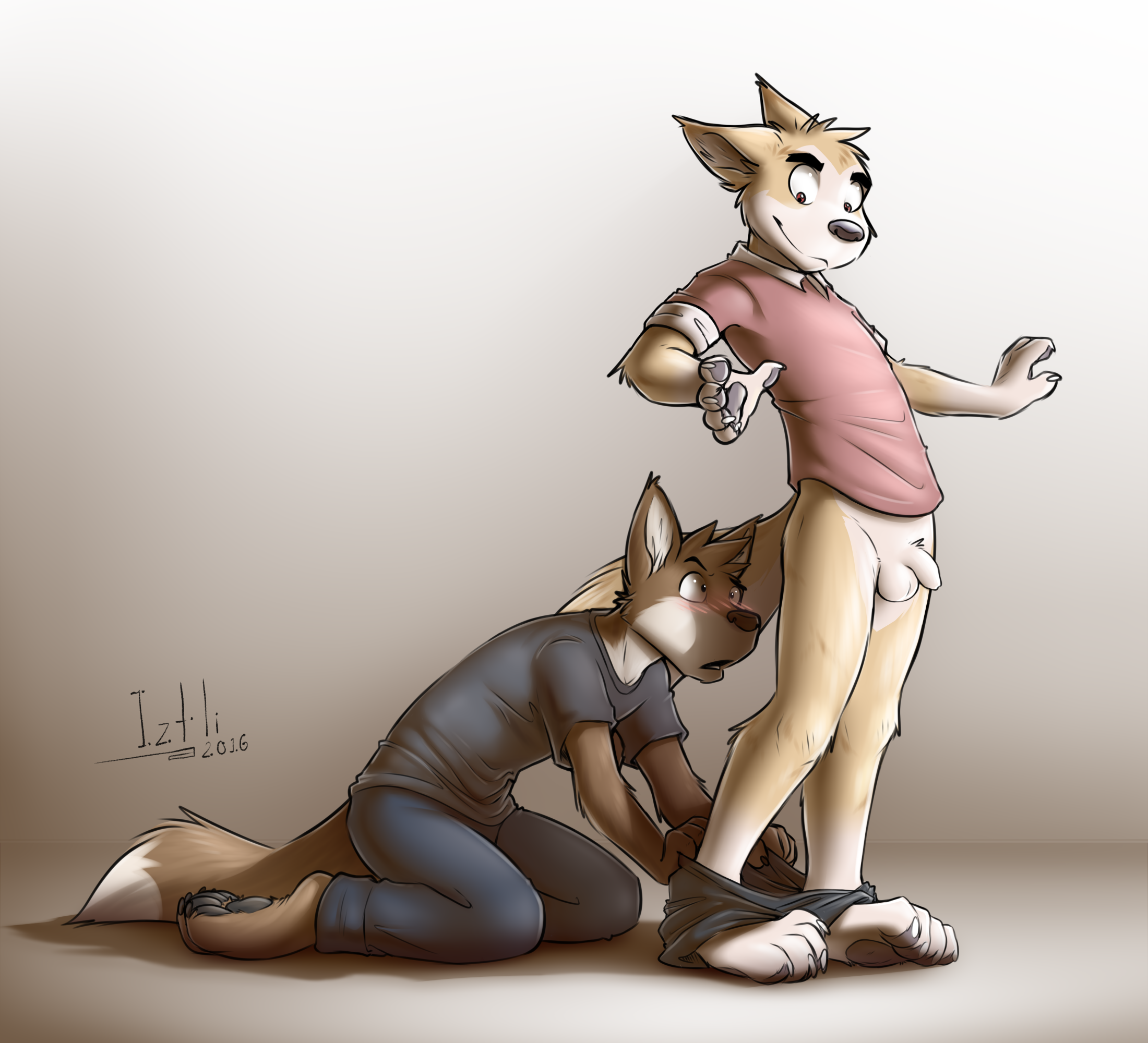 2016 2_males anthro balls blush brown_body brown_ears brown_fur brown_hair brown_tail bryce_(lonewolfhowling) canid canis clothing dingo dipstick_tail domestic_dog duo flaccid foreskin fur grey_clothing grey_shirt grey_topwear hair hi_res humanoid_genitalia humanoid_penis iztli male mammal markings masculine multicolored_body multicolored_ears multicolored_fur multicolored_hair multicolored_tail multiple_males pantsing penis red_clothing red_shirt red_topwear shirt spencer_(lonewolfhowling) surprised tail tail_markings topwear two_tone_body two_tone_fur two_tone_tail white_balls white_body white_fur white_penis white_tail yellow_body yellow_ears yellow_fur yellow_tail