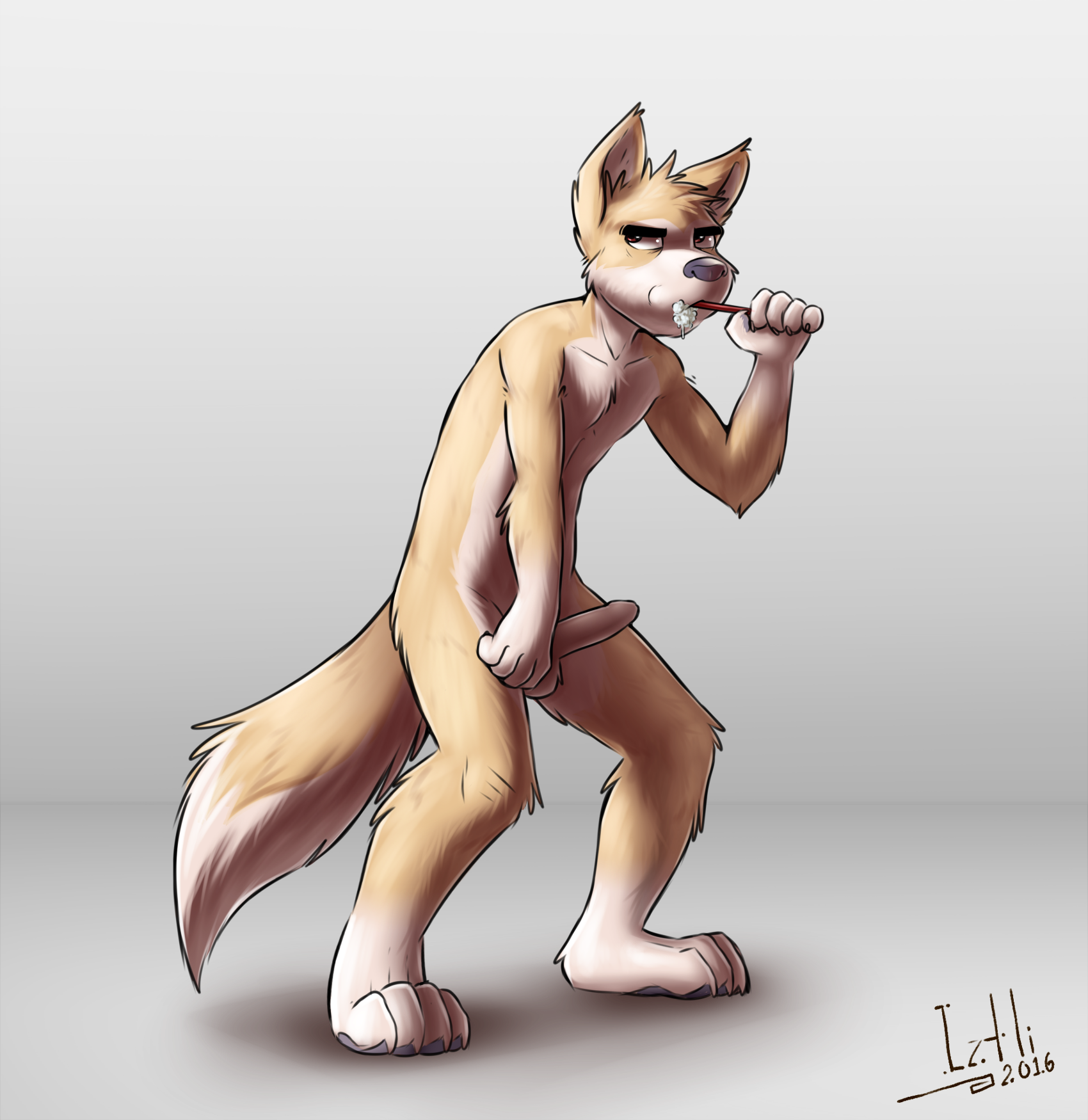 1_male 2016 annoyed anthro balls brushing_teeth bryce_(lonewolfhowling) canid canis dingo dipstick_tail erection fur hair hi_res humanoid_genitalia humanoid_penis iztli male mammal markings masculine multicolored_body multicolored_ears multicolored_fur multicolored_hair multicolored_tail penis solo tail tail_markings two_tone_body two_tone_fur two_tone_tail white_tail yellow_balls yellow_body yellow_ears yellow_fur yellow_hair yellow_tail