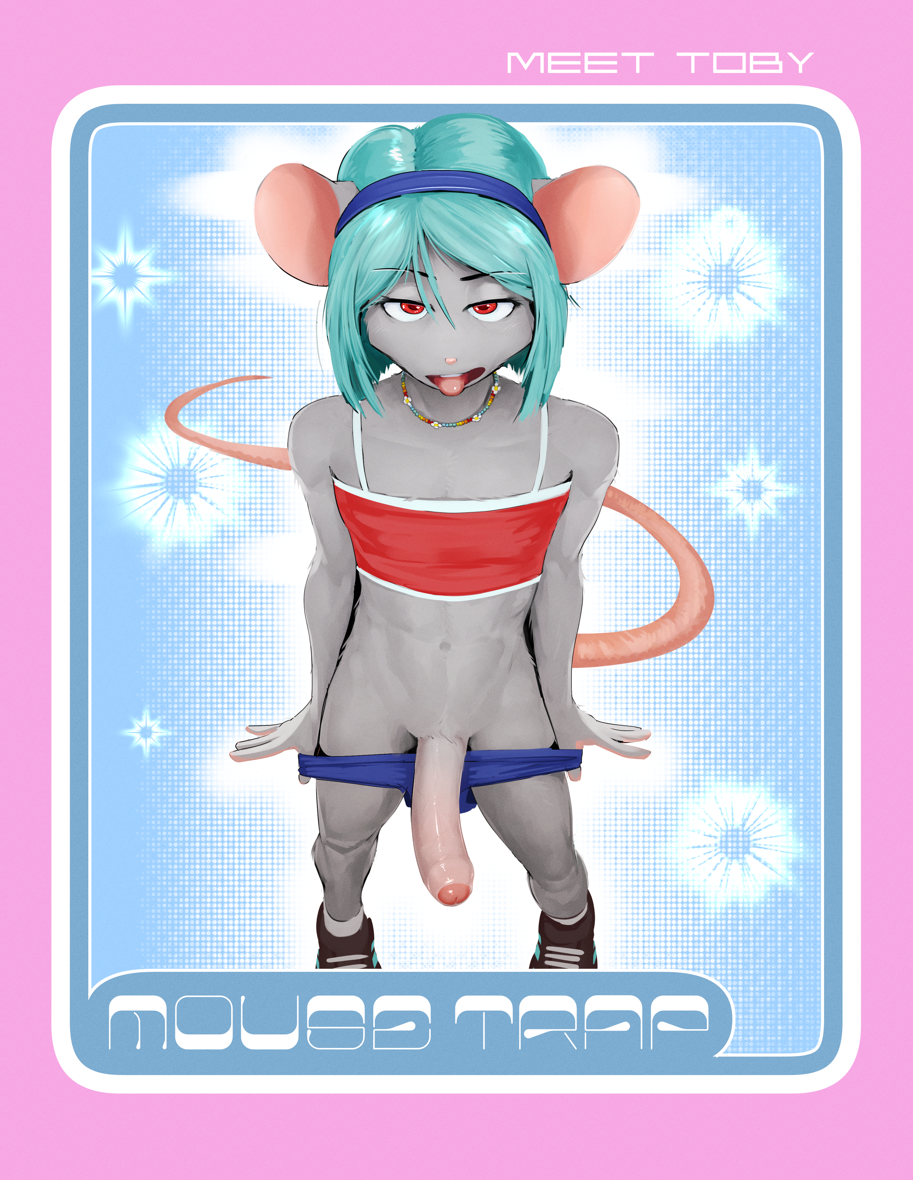 1_male 2024 absurd_res anthro erection femboy feminine fur green_hair grey_body grey_ears grey_fur hair hi_res humanoid_genitalia humanoid_penis looking_at_viewer male mammal monotone_fur monotone_hair mouse murid penis rat_tail red_eyes rodent seductive solo tail toby_(twang) tongue tongue_out twang undressing