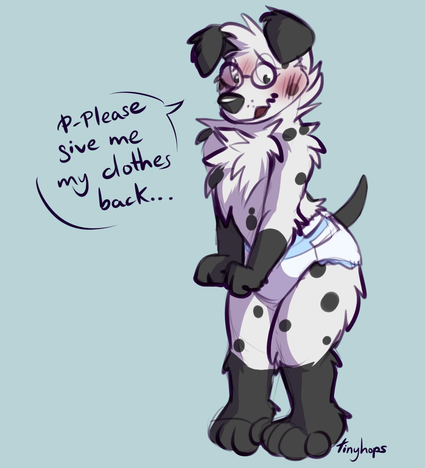 1_male 2019 anthro black_body black_ears black_fur black_tail blush bottomwear canid canis clothed clothing dalmatian dialogue diaper diaper_only domestic_dog english_text eyewear fur glasses gloves_(marking) hair hi_res male mammal markings masculine monotone_ears monotone_hair monotone_tail multicolored_body multicolored_fur pince-nez socks_(marking) solo spots spotted_body spotted_fur tail tinyhops topless two_tone_body two_tone_fur wearing_diaper white_body white_fur white_hair