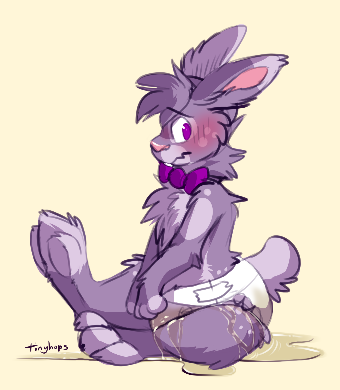 1_male 2019 anthro blush bottomwear buckteeth clothing diaper dipstick_ears drawing fur genital_fluids grey_body grey_ears grey_fur grey_hair hair hi_res lagomorph leaking_diaper leporid male mammal masculine monotone_hair multicolored_body multicolored_ears multicolored_fur pink_inner_ear pink_nose purple_bowtie purple_eyes rabbit solo teeth tinyhops two_tone_body two_tone_ears two_tone_fur unclean_diaper urine used_diaper wearing_diaper wet_diaper white_body white_ears white_fur