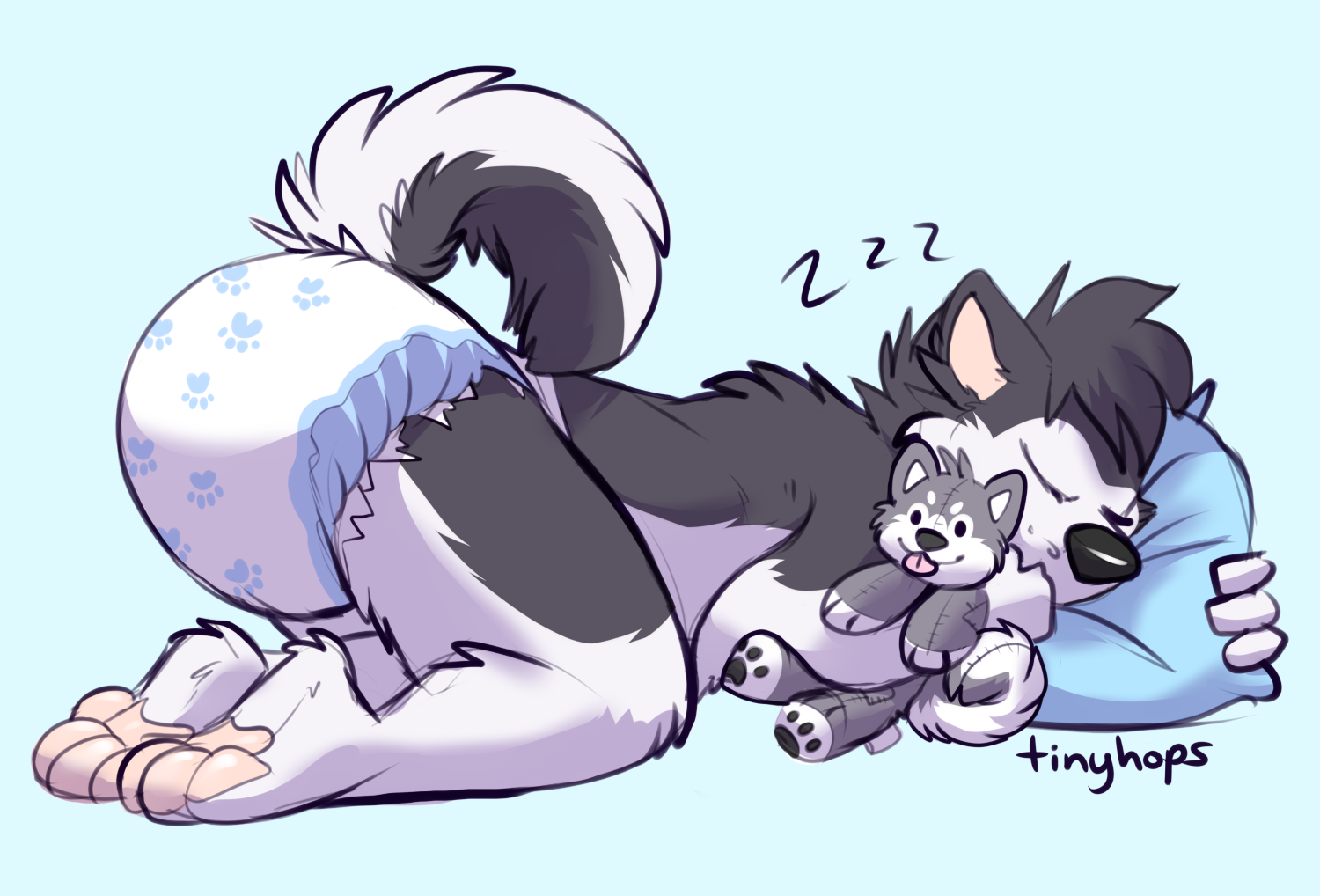 1_male 2020 anthro black_body black_ears black_fur black_hair black_nose black_tail bottomwear canid canis clothed clothing curled_tail diaper diaper_only domestic_dog fur hair husky male mammal masculine monotone_ears monotone_hair multicolored_body multicolored_fur multicolored_tail pawpads pink_pawpads plushie solo tail tinyhops topless two_tone_body two_tone_fur two_tone_tail wearing_diaper white_body white_fur white_tail