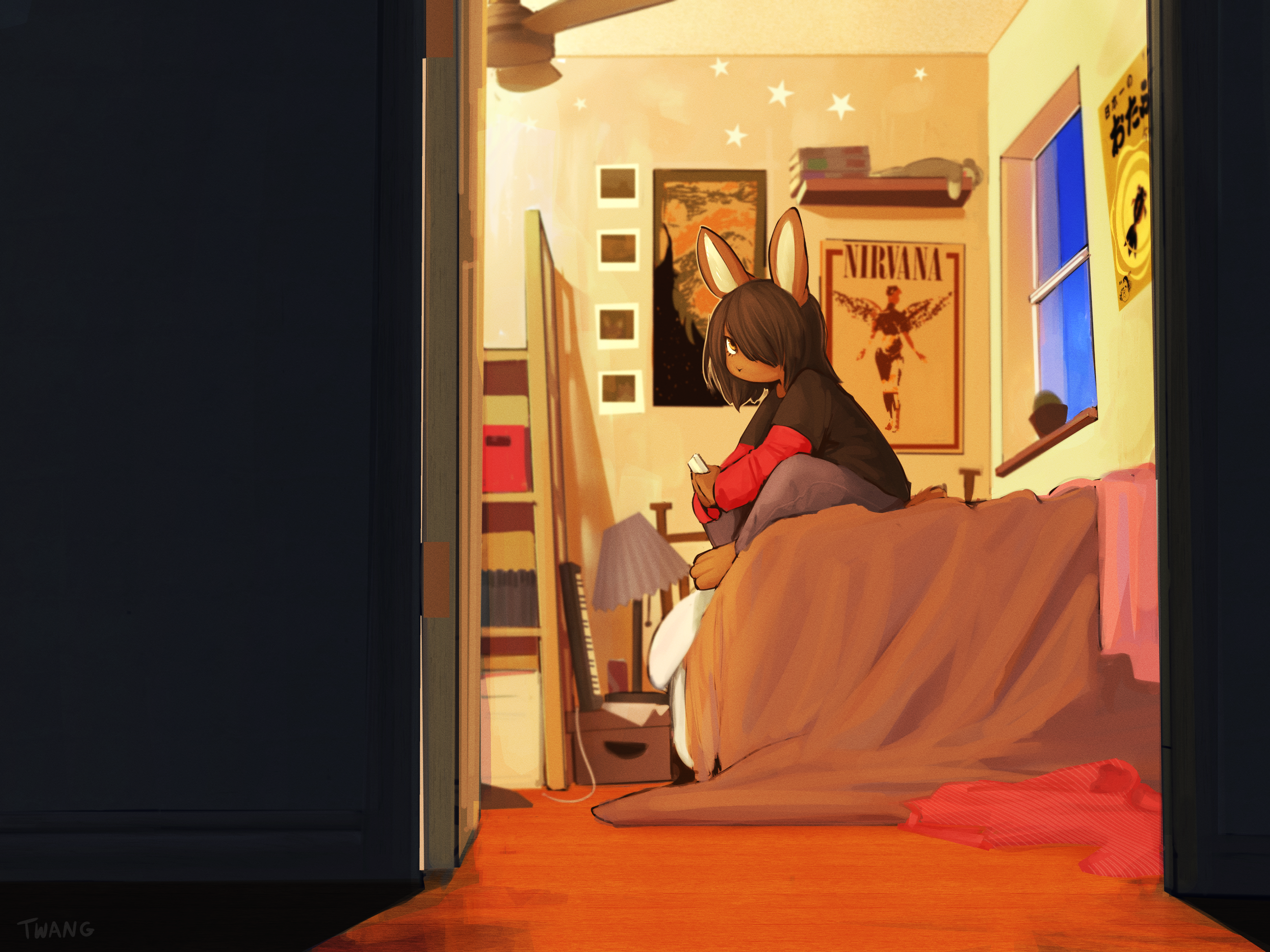 1_male anthro bed black_clothing black_hair black_sweater black_topwear brown_body brown_ears brown_fur clothing feminine fur furniture hair hi_res janis_(twang) keyboard_instrument lagomorph lamp leporid long_ears looking_at_viewer male mammal musical_instrument musical_keyboard pants rabbit shirt sitting solo sweater topwear twang yellow_eyes