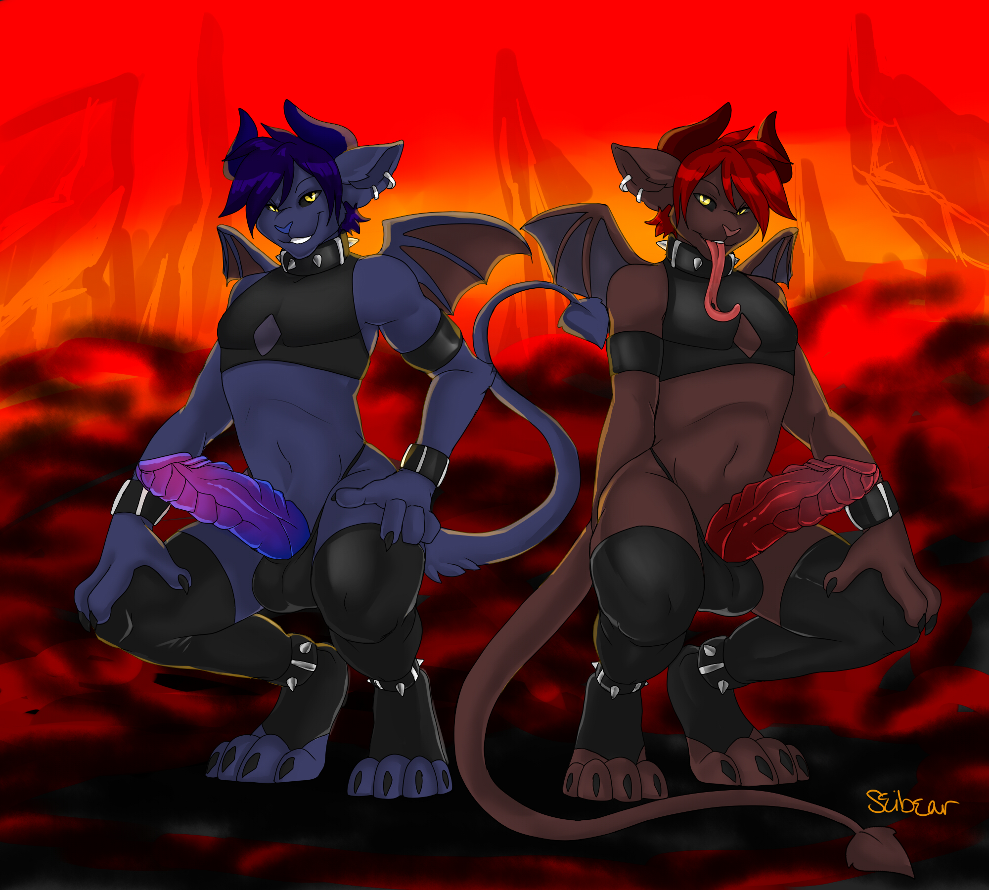 2018 2_males anthro balls_in_underwear balls_outline black_bottomwear black_clothing black_thong blue_body blue_ears blue_fur blue_nose blue_tail blue_wings bottomwear brown_body brown_ears brown_fur brown_tail brown_wings bulge clothing crop_top demon detailed_bulge dragon duo erection femboy fur genital_outline hair hi_res horn hybrid legwear long_tongue male mammal masculine monotone_ears monotone_fur monotone_hair monotone_tail multiple_males penis pink_nose purple_hair red_hair scalie seibear shirt succubus tail thigh_highs thong tongue topwear underwear wings yellow_eyes