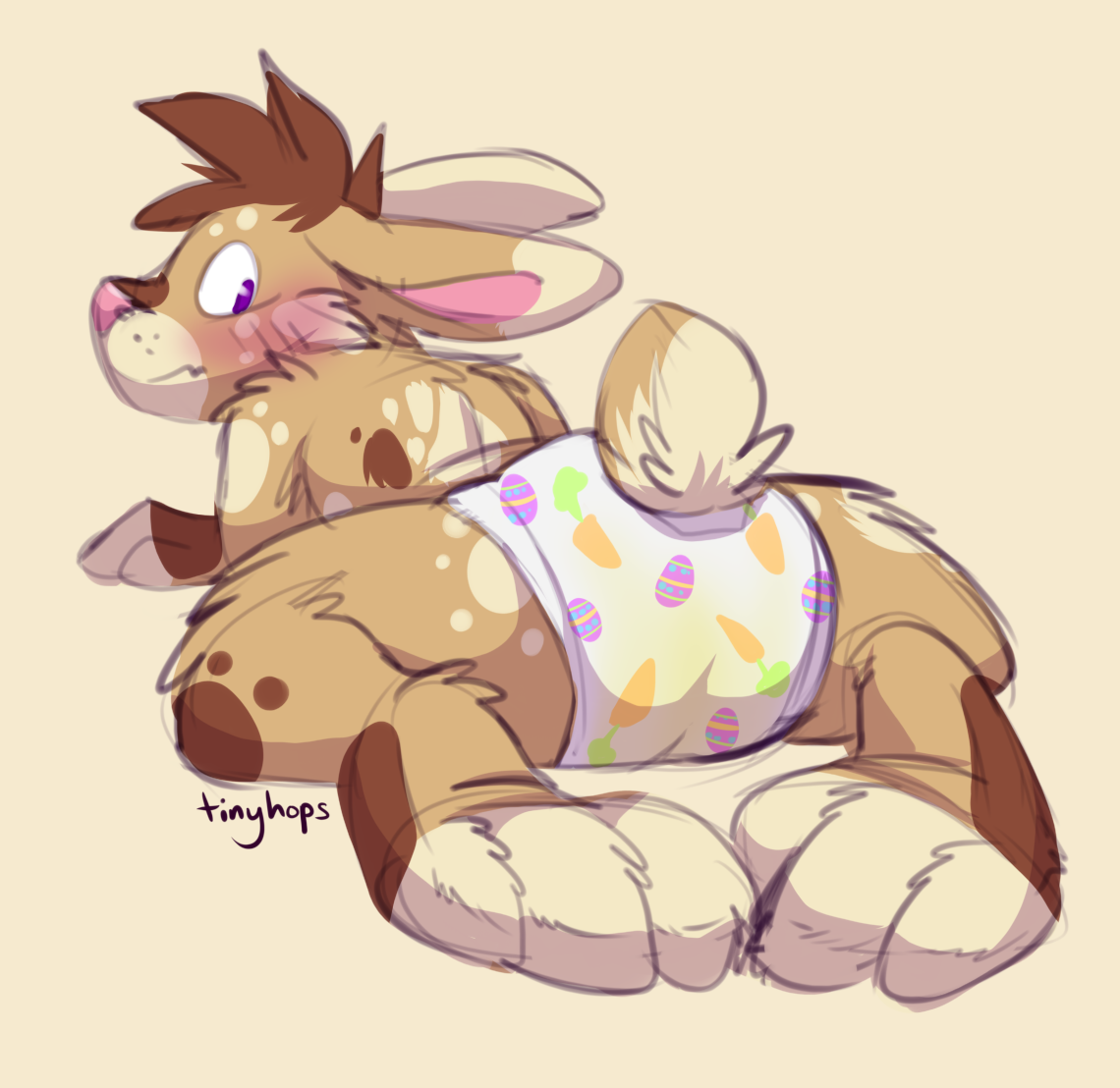 1_male 2019 anthro blush bottomwear brown_body brown_ears brown_fur brown_hair brown_tail clothed clothing diaper diaper_only dipstick_ears fur hair lagomorph leporid looking_back male mammal masculine monotone_hair multicolored_body multicolored_ears multicolored_fur multicolored_tail pink_nose rabbit rear_view solo tail tinyhops topless two_tone_ears two_tone_tail wearing_diaper white_body white_ears white_fur white_tail