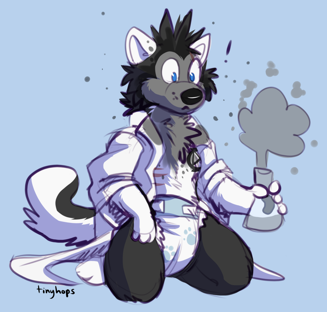 1_male 2019 anthro black_body black_fur black_hair black_nose black_tail blue_eyes bottomwear canid canis chemistry clothing coat diaper domestic_dog fur grey_body grey_fur hair husky lab_coat male mammal masculine monotone_ears monotone_hair multicolored_body multicolored_fur multicolored_tail solo surprised tail tinyhops topwear two_tone_tail wearing_diaper white_body white_clothing white_coat white_ears white_fur white_lab_coat white_tail white_topwear