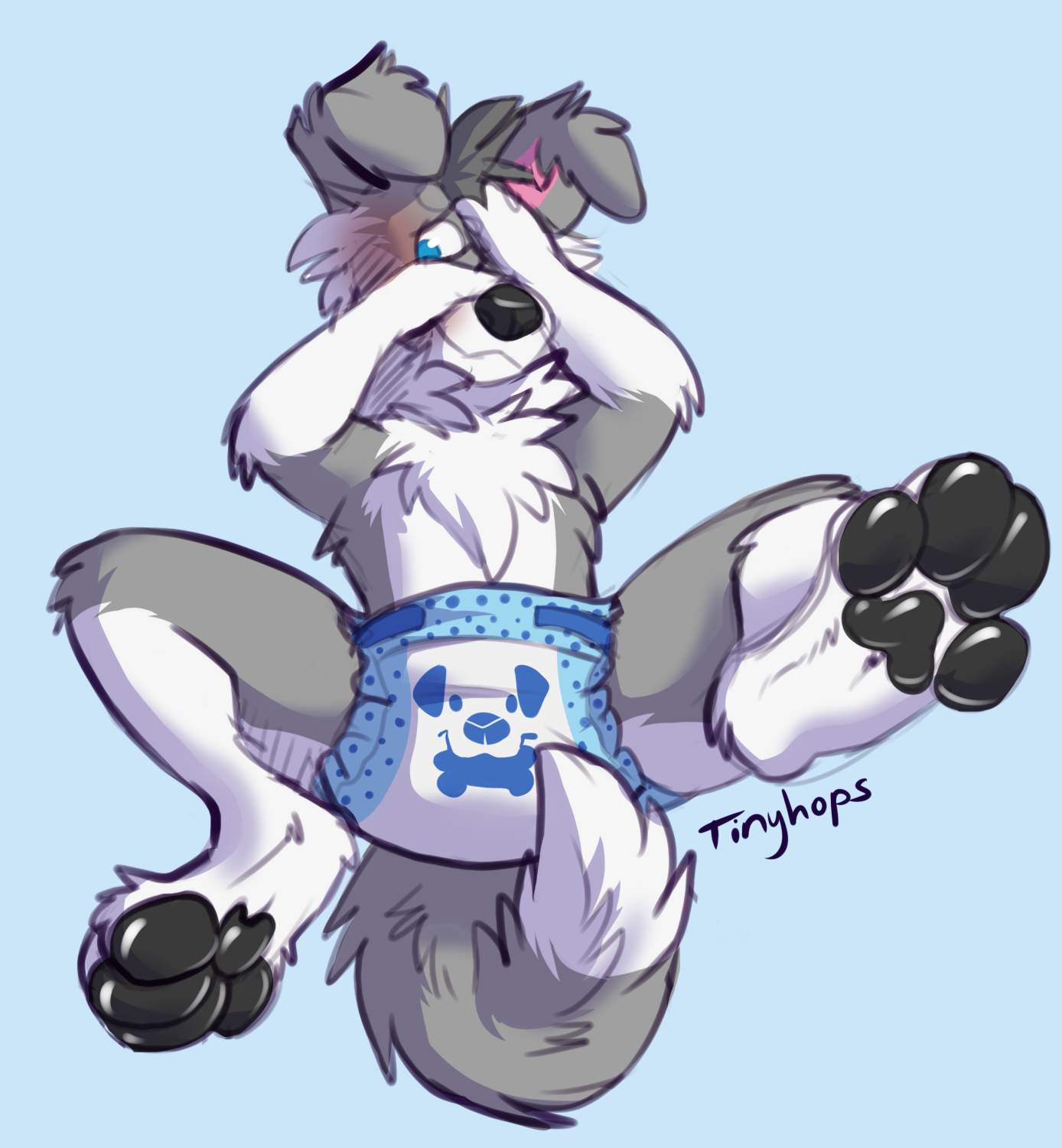 1_male 2019 anthro black_nose black_pawpads blue_eyes blush border_collie bottomwear canid canis clothed clothing diaper diaper_only dipstick_tail domestic_dog embarrassed floppy_ears fur grey_body grey_ears grey_fur grey_hair grey_tail hair hi_res male mammal markings masculine monotone_ears monotone_hair multicolored_body multicolored_fur multicolored_tail pawpads pink_inner_ear solo tail tail_markings tinyhops topless two_tone_body two_tone_fur two_tone_tail wearing_diaper white_body white_fur white_tail