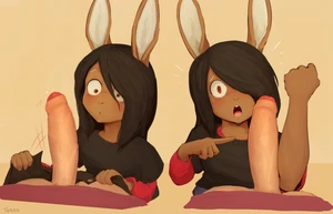 2_males anthro anthro/human black_clothing black_hair black_sweater black_topwear brown_body brown_ears brown_fur clothing duo erection feminine foreskin fur hair hi_res human humanoid_genitalia humanoid_penis janis_(twang) lagomorph leporid long_ears male male/male mammal masculine monotone_ears multiple_males pants penis pubes rabbit shirt surprised sweater topwear twang yellow_eyes
