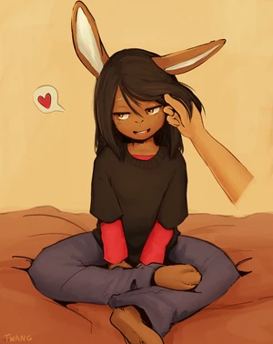 anthro black_clothing black_hair black_sweater black_topwear brown_body brown_ears brown_fur clothing duo fur hair hi_res janis_(twang) lagomorph leporid long_ears male mammal monotone_ears offscreen_character open_mouth pants rabbit shirt sweater topwear twang yellow_eyes