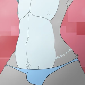 1_male 2016 anthro australian_shepherd blue_bottomwear blue_clothing blue_panties blue_underwear bottomwear bulge canid canis clothing domestic_dog femboy fur grey_body grey_fur male mammal masculine panties rileymutt solo sweetzombie92 underwear white_body white_fur