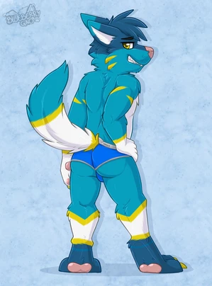1_male 2022 absurd_res anthro blue_body blue_bottomwear blue_clothing blue_ears blue_fur blue_hair blue_tail blue_underwear bottomwear bottomwear_only bulge bulge_from_behind canid canis clothed clothing dipstick_ears dipstick_tail ferdinand_the_folf fox fur gaokun grinning hair hi_res hybrid looking_at_viewer looking_back looking_back_at_viewer male mammal markings masculine monotone_hair multicolored_body multicolored_ears multicolored_fur multicolored_tail pawpads pink_nose pink_pawpads rear_view solo tail tail_markings topless two_tone_ears underwear underwear_only white_body white_fur white_tail wolf yellow_body yellow_eyes yellow_fur yellow_tail