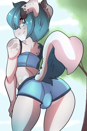 1_male 2017 anthro australian_shepherd black_ears blue_body blue_bottomwear blue_clothing blue_eyes blue_fur blue_hair blue_nose blue_shorts blue_tail blue_topwear bottomwear bulge bulge_from_behind canid canis clothing curled_tail dipstick_ears domestic_dog femboy feminine floppy_ears fur grey_body grey_ears grey_fur grey_tail hair hi_res kami-chan looking_at_viewer looking_back looking_back_at_viewer male mammal monotone_hair multicolored_body multicolored_ears multicolored_fur multicolored_tail rileymutt shorts solo tail topwear two_tone_ears white_body white_fur white_tail