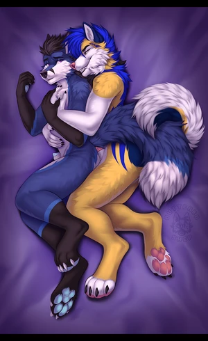 2023 2_males animal_genitalia animal_penis anthro anthro/anthro black_hair black_nose blue_body blue_ears blue_fur blue_hair blue_pawpads blue_penis blue_tail butteredshep canid canine_genitalia canine_penis canis cuddling curled_tail dipstick_tail domestic_dog duo fox fur genitals gloves_(marking) hair inner_ear_fluff lipsticking male male/male mammal markings masculine monotone_hair multicolored_body multicolored_fur multicolored_tail multiple_males pawpads penis penis_tip pink_nose pink_pawpads purple_eyes sheath socks_(marking) tail tail_markings toeless_(marking) toeless_socks_(marking) tuft two_tone_tail white_body white_fur white_inner_ear white_sheath white_tail wolf yellow_body yellow_eyes yellow_fur yellow_tail