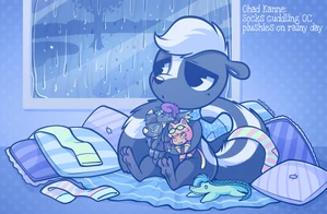 1_male anthro black_body black_ears black_fur black_tail english_text fur hair hi_res male mammal melangetic multicolored_body multicolored_fur multicolored_tail pink_inner_ear plushie raining scarf skunk socks_(melangetic) solo tail two_tone_body two_tone_fur two_tone_tail white_body white_fur white_hair white_tail