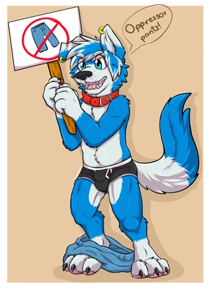 1_male 2019 anthro balls_outline black_bottomwear black_clothing black_nose black_underwear blue_body blue_ears blue_eyes blue_fur blue_hair blue_tail border_collie bottomwear bottomwear_around_one_leg bottomwear_down boxer_briefs bulge canid canis clothing clothing_around_one_leg clothing_down collar detailed_bulge dialogue dipstick_ears dipstick_tail domestic_dog floppy_ears fur gao_(gaokun) gaokun genital_outline hair hi_res male mammal markings masculine multicolored_body multicolored_ears multicolored_fur multicolored_hair multicolored_tail open_mouth pants pants_around_one_leg pawpads pink_pawpads protesting sheath_outline solo spanish_text tail tail_markings text two_tone_body two_tone_ears two_tone_fur two_tone_hair two_tone_tail underwear white_body white_ears white_fur white_hair white_tail