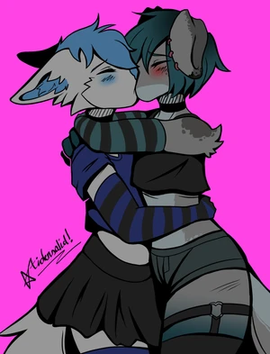 2024 2_males absurd_res ailensolid anthro anthro/anthro australian_shepherd black_arm_warmers black_bottomwear black_clothing black_ears black_legwear black_skirt black_thigh_highs blue_arm_warmers blue_body blue_clothing blue_fur blue_hair blue_legwear blue_nose blue_shirt blue_tail blue_thigh_highs blue_topwear blush bottomwear canid canis clothing crop_top curled_tail dipstick_ears domestic_dog duo ears_down femboy feminine floppy_ears fur grey_body grey_ears grey_fur grey_tail hair hi_res kissing legwear male male/male mammal midriff monotone_ears monotone_hair multicolored_body multicolored_ears multicolored_fur multicolored_tail multiple_males rileymutt shirt shorts skirt striped_arm_warmers tail thigh_highs topwear two_tone_ears white_body white_ears white_fur white_tail