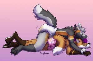 2020 2_males anthro anthro/anthro black_body black_ears black_fur black_pawpads blep blue_eyes bottomwear brown_body brown_fur canid clothed clothing cross_fox diaper diaper_only dipstick_ears dry_humping duo fox fur genital_fluids grey_body grey_ears grey_fur grey_hair hair hi_res male male/male mammal masculine multicolored_ears multiple_males orange_body orange_ears orange_fur orange_tail pawpads purple_hair tail tinyhops tongue tongue_out topless two_tone_ears unclean_diaper urine used_diaper wearing_diaper wet_diaper white_body white_fur yellow_eyes