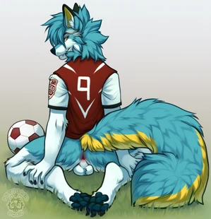 1_male 2024 anthro anus backsack balls black_ears black_pawpads blue_body blue_ears blue_fur blue_hair blue_tail butteredshep canid dipstick_ears fox fur hair hi_res looking_at_viewer looking_back looking_back_at_viewer male mammal masculine monotone_hair multicolored_body multicolored_ears multicolored_fur multicolored_tail orange_body orange_fur pawpads soccer_ball solo sports_jersey tail two_tone_body two_tone_ears two_tone_fur two_tone_tail white_balls white_tail yellow_inner_ear yellow_tail