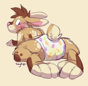 1_male 2019 anthro blush bottomwear brown_body brown_ears brown_fur brown_hair brown_tail clothed clothing diaper diaper_only dipstick_ears fur hair lagomorph leporid looking_back male mammal masculine monotone_hair multicolored_body multicolored_ears multicolored_fur multicolored_tail pink_nose rabbit rear_view solo tail tinyhops topless two_tone_ears two_tone_tail wearing_diaper white_body white_ears white_fur white_tail