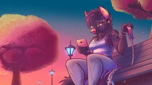 1_female 2019 absurd_res anthro bottomwear brown_body brown_ears brown_fur brown_hair clothing denim denim_clothing electronics eyewear female feminine fur glasses hair hi_res holding_leash holding_object holding_phone hyena jeans leash looking_at_object looking_at_phone mammal melangetic monotone_ears monotone_hair pattern_clothing pattern_shirt pattern_tank_top pattern_topwear phone pink_nose sheena_(melangetic) shirt solo striped_clothing striped_shirt striped_tank_top striped_topwear tank_top topwear