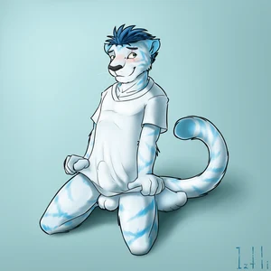 1_male 2014 anthro balls black_nose blue_body blue_ears blue_fur blue_hair blue_tail blush bottomless bulge clothed clothing clothing_pull detailed_bulge dipstick_tail erection erection_under_clothing felid fur genital_outline green_eyes hair hi_res iztli looking_aside male mammal markings masculine monotone_ears monotone_hair multicolored_body multicolored_fur multicolored_tail pantherine penis_outline scar shirt shirt_only shirt_pull solo striped_body striped_fur striped_tail stripes t-shirt t-shirt_only tail tail_markings tiger topwear topwear_only topwear_pull two_tone_body two_tone_fur two_tone_tail watermark whiskers white_balls white_body white_fur white_tail