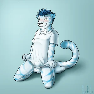 1_male 2014 anthro balls black_nose blue_body blue_ears blue_fur blue_hair blue_tail blush bottomless bulge clothed clothing clothing_pull detailed_bulge dipstick_tail felid fur genital_outline green_eyes hair hi_res iztli looking_aside male mammal markings masculine monotone_ears monotone_hair multicolored_body multicolored_fur multicolored_tail pantherine scar sheath_outline shirt shirt_only shirt_pull solo striped_body striped_fur striped_tail stripes t-shirt t-shirt_only tail tail_markings tiger topwear topwear_only topwear_pull two_tone_body two_tone_fur two_tone_tail watermark whiskers white_balls white_body white_fur white_tail