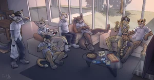 2017 6+_males absurd_res alcohol annoyed anthro balls beverage black_tail bottomless brown_body brown_fur brown_hair brown_pawpads brown_tail canid canis casual_nudity cheetah clothed clothing cougar dingo dipstick_ears dipstick_tail dress_shirt felid flaccid fox fur furniture grey_eyes group hair hi_res highlights_(coloring) humanoid_genitalia humanoid_penis iztli jaguar looking_at_another male mammal markings masculine monotone_ears monotone_hair multicolored_ears multiple_males nervous pantherine pawpads paws penis pointing red_eyes shirt sleeping sofa spilled_beverage spots spotted_body spotted_fur spotted_tail tail tail_markings topwear two_tone_ears white_balls white_highlights white_tail wolf yellow_balls yellow_body yellow_fur