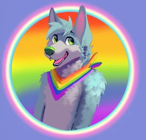 2021 anthro berubeswagos biped blue_body blue_ears blue_fur canid canis donovan_dmc fur gradient gradient_background green_eyes green_nose grey_body grey_fur hair hi_res icon kerchief lgbt_pride_colors looking_aside male mammal masculine monotone_ears monotone_hair multicolored_body multicolored_fur multicolored_kerchief multicolored_neckerchief neckerchief neckerchief_only open_mouth pink_inner_ear pride_colors rainbow_background rainbow_gradient simple_background solo teeth tongue wolf