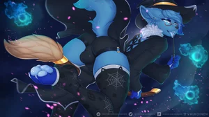 1_male 2019 anthro balls_outline blue_body blue_ears blue_fur blue_hair blue_pawpads blue_tail blue_tongue bottomwear broom bulge bulge_from_behind clothing detailed_bulge eyewear femboy feminine fur generation_5_pokemon genital_outline glasses hair hat headwear hi_res legwear looking_at_viewer looking_back looking_back_at_viewer luxxy_zorua male monotone_ears monotone_fur monotone_hair monotone_tail nintendo pawpads paws pince-nez pokemon pokemon_(species) rear_view solo tail thigh_highs toeless_legwear toeless_thigh_highs tongue topwear underwear valkoinen watermark witch_hat zorua