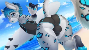 1_male 2019 anthro archon_eclipse balls_outline black_body black_ears black_fur black_tail blue_body blue_ears blue_eyes blue_fur blue_hair blue_nose blue_pawpads blue_tail bulge bulge_from_behind detailed_bulge felid feminine fur genital_outline grey_body grey_ears grey_fur grey_tail hair hi_res holding_object holding_surfboard inner_ear_fluff looking_at_viewer looking_back looking_back_at_viewer male mammal markings monotone_hair multicolored_body multicolored_ears multicolored_fur multicolored_tail open_mouth pantherine pawpads paws snow_leopard solo spots spotted_body spotted_ears spotted_fur spotted_tail surfboard tail tuft valkoinen watermark white_body white_fur white_inner_ear white_tail