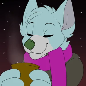 2019 anthro beverage blue_body blue_ears blue_fur blue_hair canid canis coffee darkmane_arweinydd donovan_dmc eyes_closed fur green_nose grey_body grey_fur hair icon male mammal monotone_ears monotone_hair multicolored_body multicolored_fur purple_scarf scarf solo steam wolf