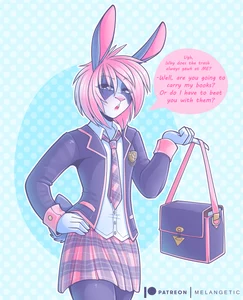 1_female 2019 anthro blazer blue_body blue_ears blue_fur blue_tail bottomwear clothing dialogue dress_shirt english_text female feminine fur hi_res jacket lagomorph leporid mammal melangetic monotone_ears multicolored_body multicolored_fur open_mouth patreon pattern_bottomwear pattern_clothing pattern_skirt pink_inner_ear pink_nose plaid plaid_bottomwear plaid_clothing plaid_skirt rabbit satchel school_uniform shirt skirt solo speech_bubble student tail tie topwear uniform white_body white_fur