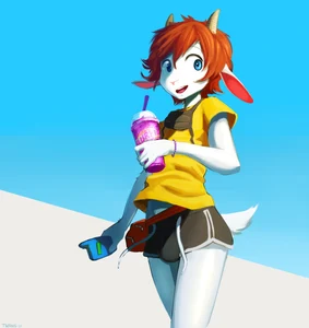 1_male anthro bovid caprine clothing dolphin_shorts ears_down electronics feminine fur goat hair hi_res horn male mammal midriff milo_(twang) monotone_hair phone pink_nose red_hair shirt shorts solo t-shirt tail topwear twang white_body white_ears white_fur white_tail