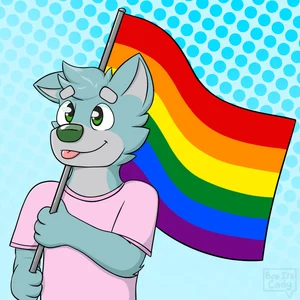 2022 absurd_res anthro biped blep blue_body blue_ears blue_fur broitscody canid canis cheek_tuft clothed clothing donovan_dmc eyebrows facial_tuft flag flag_(object) fur green_eyes green_nose grey_body grey_eyebrows grey_fur hair hi_res holding_flag holding_object holding_pride_flag male mammal masculine monotone_ears monotone_hair multicolored_body multicolored_fur pink_clothing pink_shirt pink_t-shirt pink_topwear pride_colors pride_flag rainbow_pride_flag shirt solo t-shirt tongue tongue_out topwear wolf