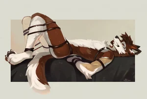 1_male 2023 alikars ankles_tied anthro arms_tied black_ears black_pawpads bound brown_body brown_ears brown_fur brown_hair brown_tail canid canis dipstick_ears fur grin hair hi_res legs_tied male mammal masculine monotone_tail multicolored_body multicolored_ears multicolored_fur multicolored_tail orange_eyes pawpads paws restrained solo tail tan_body tan_fur two_tone_ears two_tone_tail white_body white_fur white_tail wolf