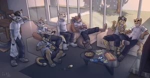 2017 6+_males absurd_res alcohol annoyed anthro beverage black_tail brown_body brown_fur brown_hair brown_pawpads brown_tail canid canis cheetah clothing cougar dingo dipstick_ears dipstick_tail dress_shirt felid fox fur furniture grey_eyes group hair hi_res highlights_(coloring) iztli jaguar looking_at_another male mammal markings masculine monotone_ears monotone_hair multicolored_ears multiple_males nervous pantherine pawpads paws pointing red_eyes shirt sleeping sofa spilled_beverage spots spotted_body spotted_fur spotted_tail tail tail_markings topwear two_tone_ears white_highlights white_tail wolf yellow_body yellow_fur